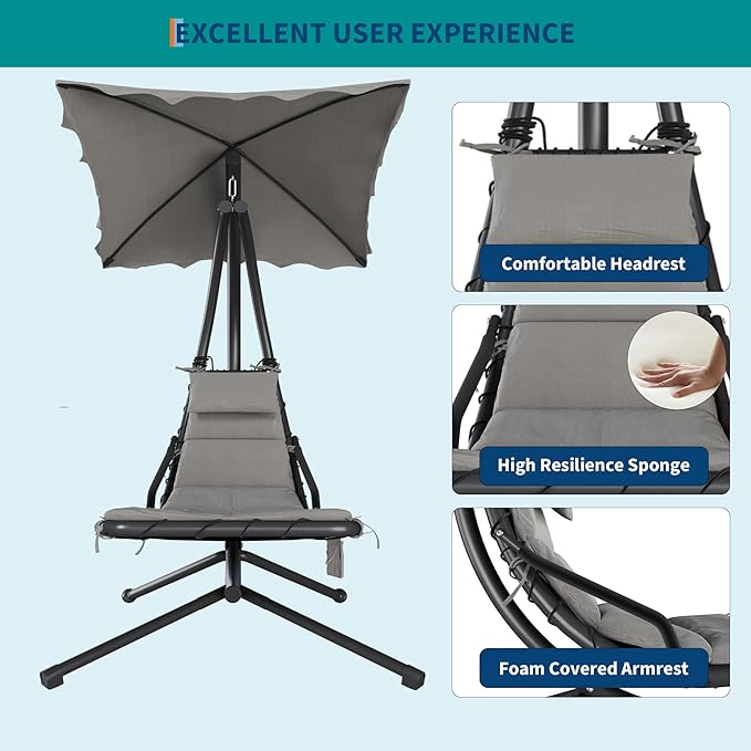 Hanging Chaise Lounge Swing Chair, Hanging Curved Chaise Lounge Chair Umbrella, Curved Steel Hammock Lounger Chairs for Outdoor Indoor Patio Pool Garden Backyard Porch