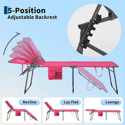 Tanning Chair with Face Hole Folding Beach Lounge Chair,5-Position Adjustable Backrest, Pillow & Side Pocket,Portable Face Down Chaise Lounge for Outdoor Backyard Poolside,Beach, Patio,Pink