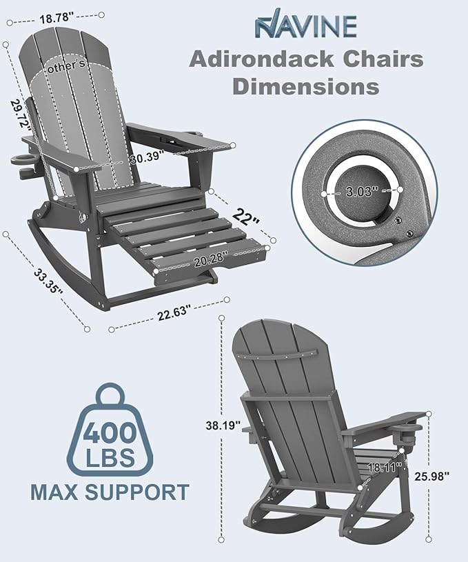 Adirondack Rocking Chairs Set of 8 with Retractable Ottoman, All Weather Folding Adirondack Chair with Two Cup Holders, Adirondack Outdoor Rocking Chairs for Porch, Patio, Balcony. Grey