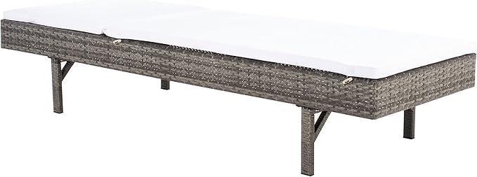 SAFAVIEH Outdoor Collection Cam Grey Brown Wicker/White Cushion Adjustable Chaise Lounge Chair, Black/Beige (PAT7501C)