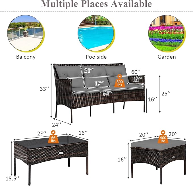 Tangkula 3 Pieces Patio Conversation Set, All Weather Outdoor PE Rattan Wicker Furniture Set with Padded Cushions - Photo 5