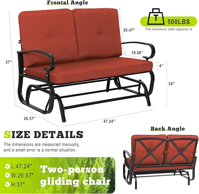 SUNCROWN Outdoor Swing Glider Chair, Patio 2 Seats Loveseat Rocking Chair with Cushions, Steel Frame Furniture-Red - Photo 2