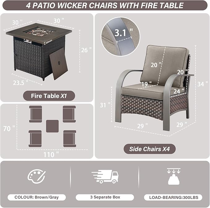 Belord 5 Piece Patio Furniture Set with Fire Pit Table - Outdoor Conversation Set with Propane Fire Pit and 4 Wicker - Photo 2
