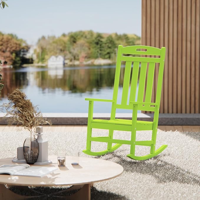 Outdoor Rocking Chair Set of 6, High Back HDPE Patio Chair, All Weather Porch Rocker, Lawn Chair for Deck, Porch, Backyard, Garden, Lime