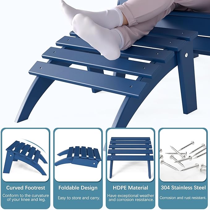Adirondack Ottoman Set of 4, Folding Adirondack Ottoman for Adirondack Chair, HDPE All Weather Outdoor Footstool for Patio, Backyard, Porch, Garden, Navy Blue