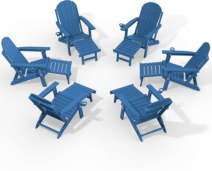 YEFU Adirondack Chair with Retractable Ottoman: Adjustable Folding Adirondack Chairs with Cup Holder - HDPE Plastic Outdoor Fire Pit Chairs Set of 6 - All Weather for Patio/Firepit/Outside/Pool(Blue)