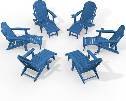 YEFU Adirondack Chair with Retractable Ottoman: Adjustable Folding Adirondack Chairs with Cup Holder - HDPE Plastic Outdoor Fire Pit Chairs Set of 6 - All Weather for Patio/Firepit/Outside/Pool(Blue)