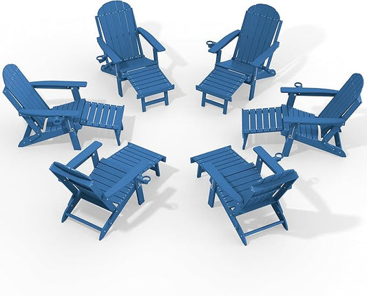 YEFU Adirondack Chair with Retractable Ottoman: Adjustable Folding Adirondack Chairs with Cup Holder - HDPE Plastic Outdoor Fire Pit Chairs Set of 6 - All Weather for Patio/Firepit/Outside/Pool(Blue)