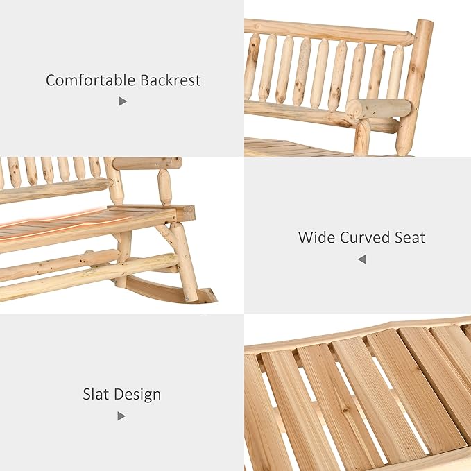 2 Person Wood Rocking Chair with Log Design, Heavy Duty Loveseat with Wide Curved Seats for Patio, Backyard, Garden, Natural