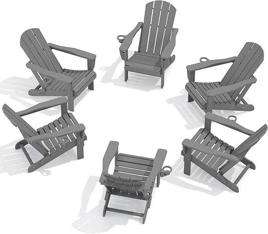 SERWALL Folding Adirondack Chair Set of 6, Adjustable Adirondack Chair with 3 Recline Positions, All Weather HDPE Outdoor Adirondack with Cup Holders, Gray