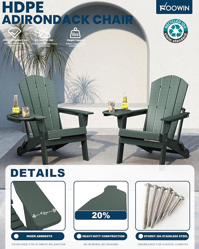 FOOWIN Folding Adirondack Chair Set of 8, HDPE Adirondack Chairs with Cup Holder - Photo 3