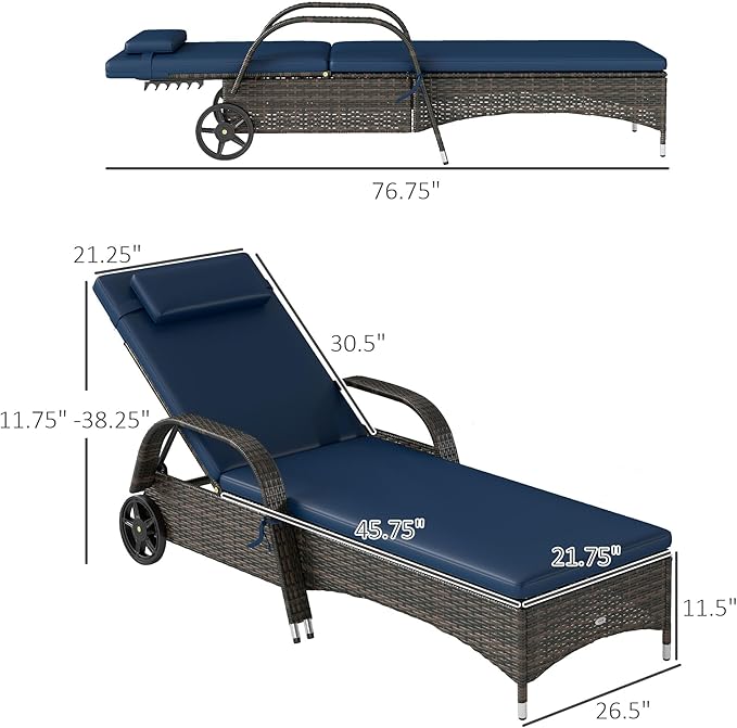 Outsunny Wicker Outdoor Chaise Lounge Set of 2, 5-Level Adjustable Backrest PE Rattan Pool Lounge Chair with Wheels, Cushion & Headrest, Mixed Brown and Dark Blue