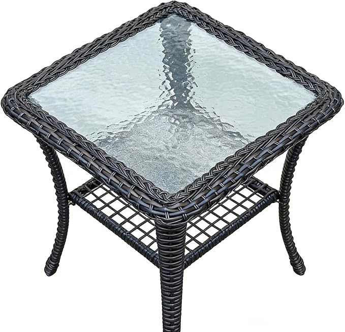 Outdoor Glass Side Table, End Table with Glass Top, Patio Coffee Bistro Table for Indoor Garden Porch Balcony (Black, Square 18x18x23in)