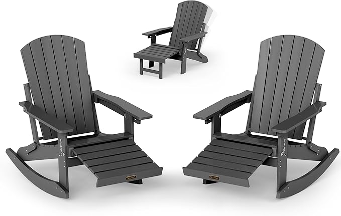 Adirondack Rocking Chair with Retractable Ottoman Set of 2, 4-in-1 Foldable Reclining Patio Chair, HDPE Wood-Look Outdoor Rocker for Porch, Garden & Poolside, Grey
