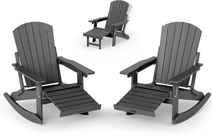 Adirondack Rocking Chair with Retractable Ottoman Set of 2, 4-in-1 Foldable Reclining Patio Chair, HDPE Wood-Look Outdoor Rocker for Porch, Garden & Poolside, Grey