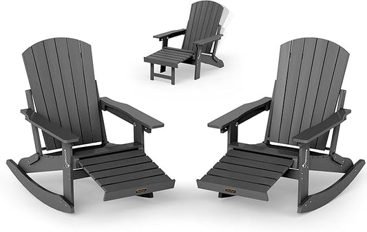 Adirondack Rocking Chair with Retractable Ottoman Set of 2, 4-in-1 Foldable Reclining Patio Chair, HDPE Wood-Look Outdoor Rocker for Porch, Garden & Poolside, Grey