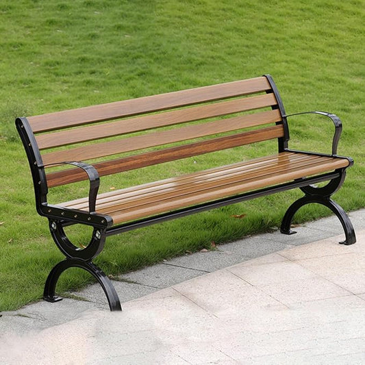 LITFAD Outdoor Bench Modern Park Bench with Corrosion Resistant Metal Frame, Light Brown Wooden Seating with Backrest, Garden Bench for Patio, Lawn, Yard, Porch - Type B, 59" L x 21.5" W x 29.5" H