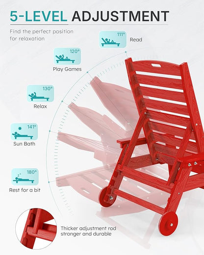 Chaise Lounge Chair Outdoor with Wheels, Oversize Patio Lounge Chairs with Wood Texture, 5-Position Plastic Lounge Chairs for Poolside, Patio, Deck, Beach(Red)