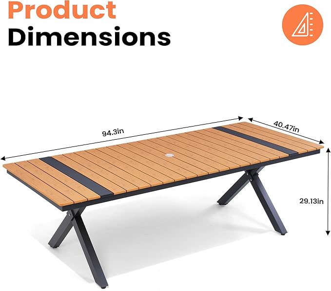 Pellebant 94" Outdoor Dining Table for 8-10, 8ft Aluminum Patio Table with Umbrella Hole - Photo 2