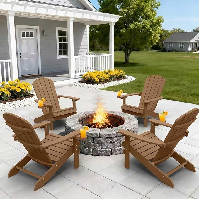 YEFU Adirondack Chairs Set of 4 for Outdoor: Zero Gravity Fire Pit Chairs Plastic with Cup Holders - Sturdy All-Weather HIPS with Wood Texture for Patio Backyard Lawn - Easy Assembly(Teak)
