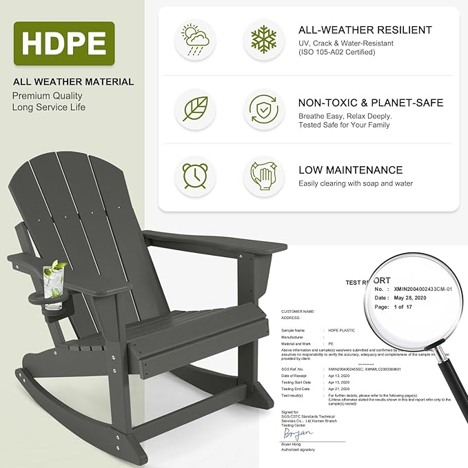 Outdoor Rocking Chair, HDPE Poly All-Weather Patio Rocking Chairs with Cup Holder for Adults, Porch Rocker for Deck Patio Balcony, 440lbs, Dark Gray