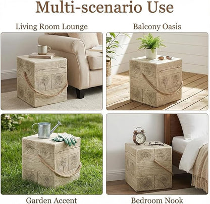 Outdoor Side Table Concrete End Table Faux Stump Side Tables with Braided Cord Small Square Coffee Tables for Indoor Outdoor, Garden Stool Plant Stand for Porch, Patio,Cement Gray