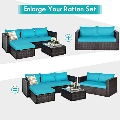 Tangkula 2 Seat Outdoor Wicker Loveseat Sofa Set, Modular PE Rattan 2 Pieces Outdoor Wicker Corner Sofa, Outside Furniture Set for Deck, Backyard, Porch, Garden & Poolside, Turquoise