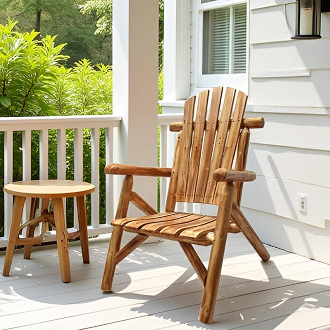 DJL Adirondack Wooden Chair Outdoor Patio Lounge Log Cabin Furniture Rustic Solid Wood Comfortable Seating for Porch, Balcony, Lawn, Fire Pit, Deck, Brown, 42.12 Inches Tall