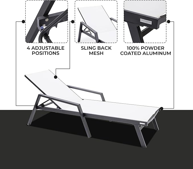 LeisureMod Marlin Patio Chaise Lounge Chair, Adjustable Outdoor Black Aluminum Lounge with Breathable Mesh Sling Back, Lightweight Poolside Reclining Sun Lounger Weather & UV Resistant (White)