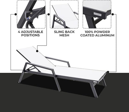 LeisureMod Marlin Patio Chaise Lounge Chair, Adjustable Outdoor Black Aluminum Lounge with Breathable Mesh Sling Back, Lightweight Poolside Reclining Sun Lounger Weather & UV Resistant (White)