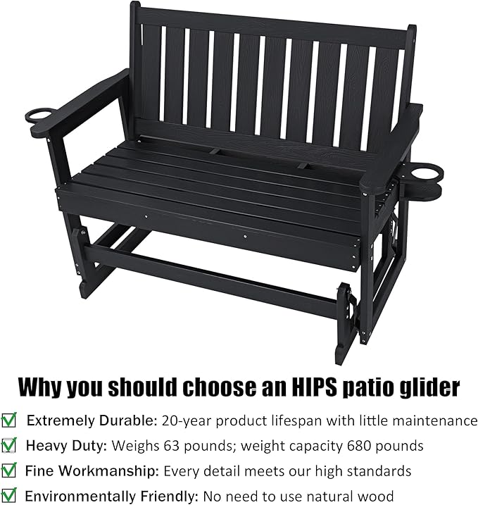 Poly Lumber Patio Glider, Durable HIPS Material, Weather-Resistant Swing Bench for Outdoor Porch Garden (Black - Photo 3