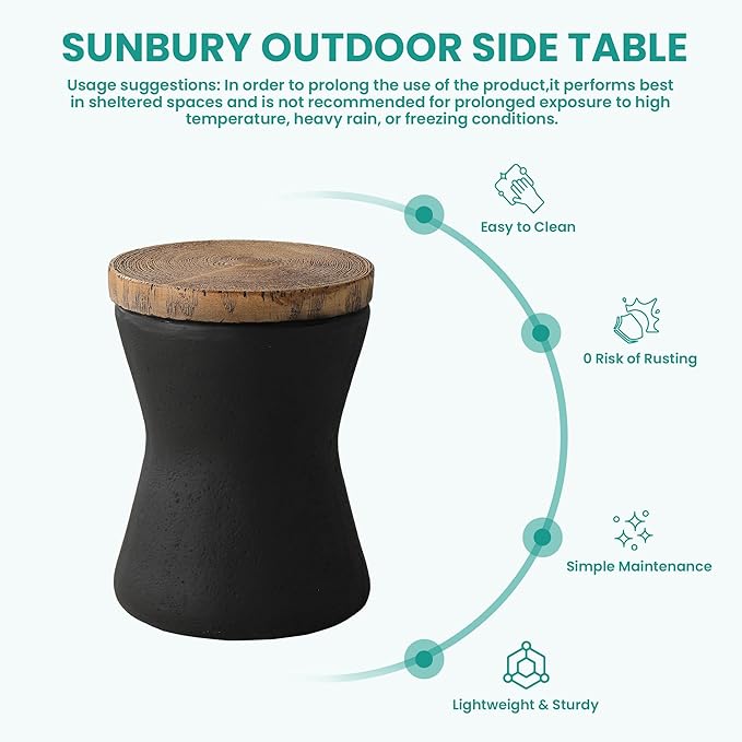 SUNBURY Outdoor Accent Table, 13" W Hourglass Shaped Outdoor Side Table for Patio, Concrete Garden Stool End Table, Morden Concrete Wooden-Look Top for Bedroom, Garden, Backyard