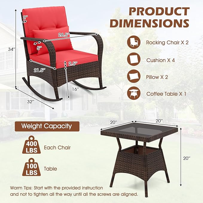 ORALNER 3 Pieces Patio Furniture Set, Outdoor Wicker Rocking Chairs with Cushions, Pillows, Glass Coffee Table - Photo 6