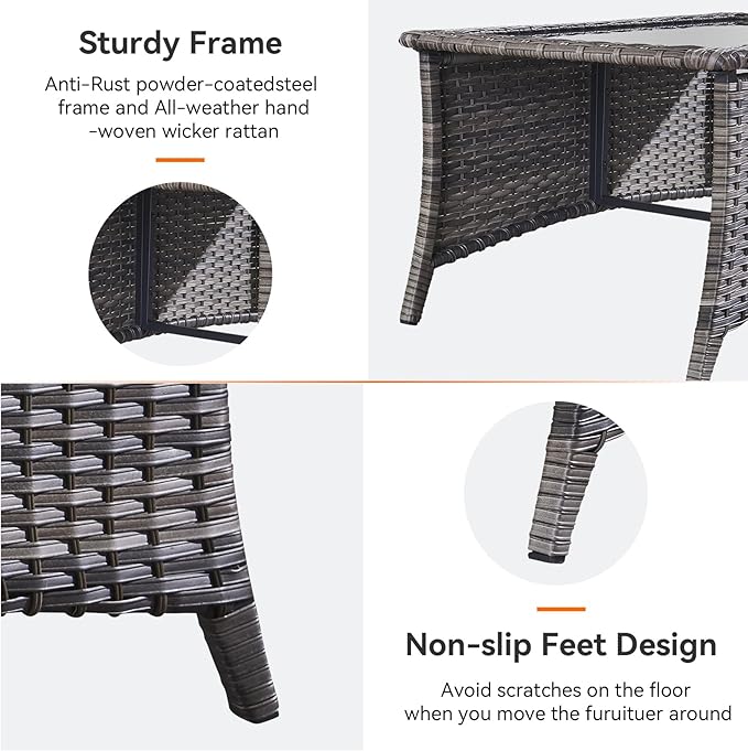Outdoor Coffee Table - Patio Rattan Wicker Coffee Table with Tempered Glass Top Outdoor Table for Deck Porch Balcony Garden - Grey