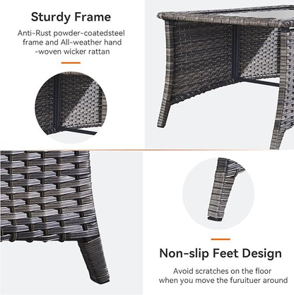 Outdoor Coffee Table - Patio Rattan Wicker Coffee Table with Tempered Glass Top Outdoor Table for Deck Porch Balcony Garden - Grey