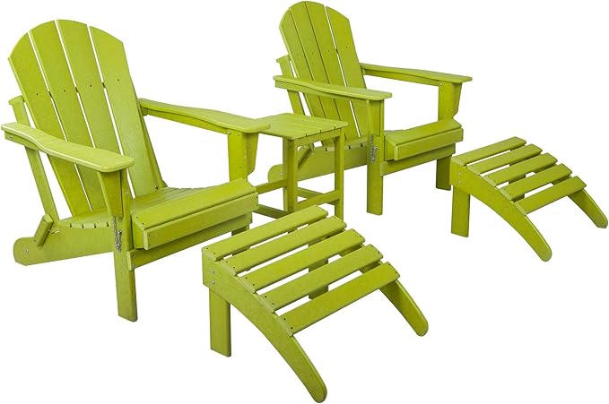 WestinTrends Malibu Outdoor Lounge Chairs Set, 5-Pieces Adirondack Chair Set of 2 with Ottoman and Side Table, All Weather Poly Lumber Patio Lawn Folding Chair for Outside, Lime