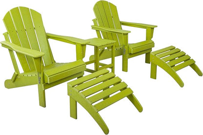 WestinTrends Malibu Outdoor Lounge Chairs Set, 5-Pieces Adirondack Chair Set of 2 with Ottoman and Side Table, All Weather Poly Lumber Patio Lawn Folding Chair for Outside, Lime