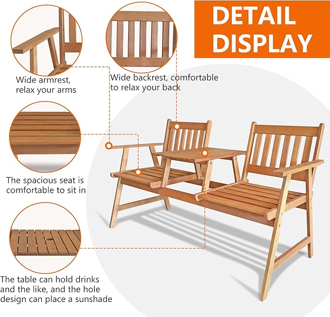 PayLessHere Outdoor Patio Bench Garden Bench Eucalyptus Wood Patio Bench with Table Outdoor Loveseat for Backyard Balcony Pool Beach Garden, Nature