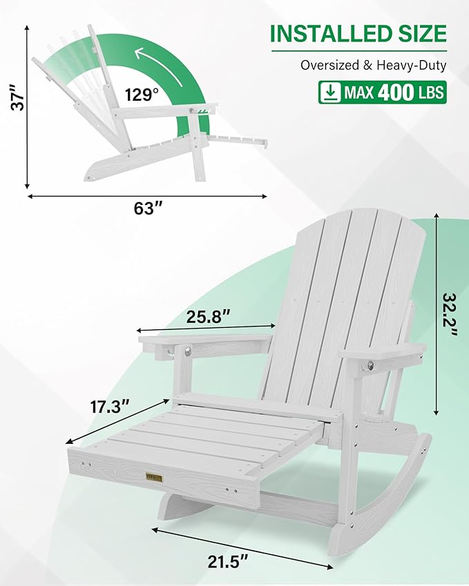 YEFU Adirondack Chairs with Retractable Ottoman: Oversize Adirondack Rocking Chairs - 5-Level Adjustable High Back - Photo 2