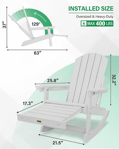 YEFU Adirondack Chairs with Retractable Ottoman: Oversize Adirondack Rocking Chairs - 5-Level Adjustable High Back - Outdoor Rocker with Cup Holder for Porch/Gardens/Lawn/Patio/Backyard/White
