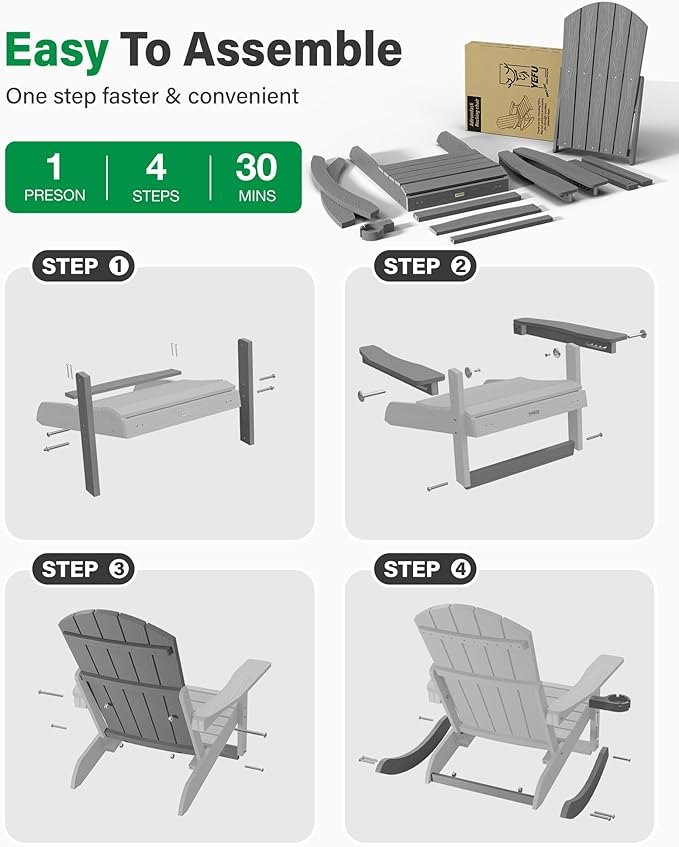 YEFU Rocking Chairs Outdoor Set of 4, Adirondack Chairs with Retractable Ottoman, Adjustable Adirondack Rocking Chair,Rockings Chair Outside,Weather Resistant,for Patio,Porch,Lawn,Heavy Duty,Grey