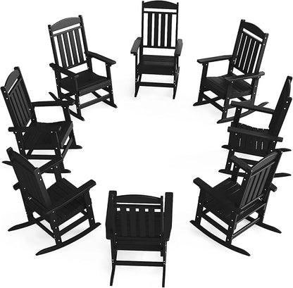 Outdoor Rocking Chairs Set of 8, Oversized High Back Patio Rocking Chairs, All Weather Porch Rocking Chairs for Outside. Black