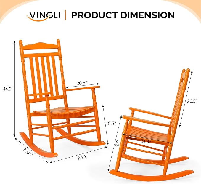VINGLI Wooden Rocking Chair Outdoor, Patio Rockers with High Back, Support 450 LBS Rocking Chairs, for Porch, Patio, Balcony, Garden, Yard (Orange, 1 PC)