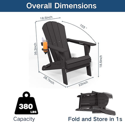Foldable Adirondack Chair with Cup Holder-Heavy Duty Recycled HDPE Outdoor Patio Furniture, Weather Resistant Deck Lawn Fire Pit Chair (Black, 1 Chair)