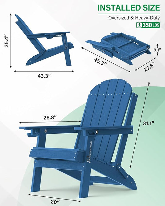 YEFU Folding Adirondack Chair for Outdoor: Plastic Foldable Fire Pit Chair with Cup Holder & Adjustable Backrest - Sturdy All-Weather HDPE for Outside Patio Poolside - Easy Assembly