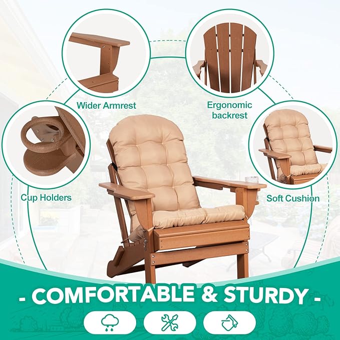 Adirondack Chairs Set of 2 with Cushions & Cup Holders, HDPE Weather Resistant Folding Adirondack Chair for Adults - Photo 4