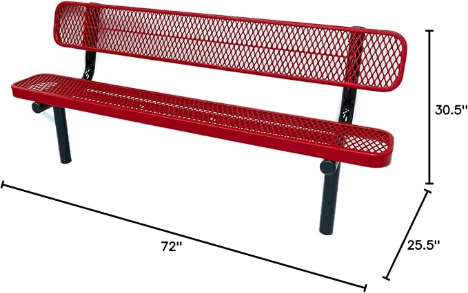 COATEDOUTDOORFURNITURE Coated Outdoor Furniture Heavy-Duty Outdoor Bench Thermoplastic Coated, Expanded Metal, Commercial-Grade Seating, Made in America (Inground with Back, 6 Ft, Textured Red)