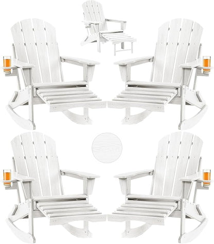 Folding Adirondack Rocking Chair Set of 4,4-in-1 Multifunctional Patio Chairs with Retractable Ottoman, Outdoor Chairs Wood Texture, Lawn Chair for Porch, Backyard, Pool(White)