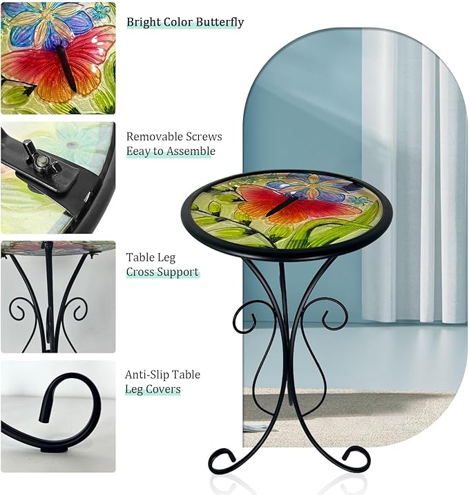 HONGLAND Outdoor Side Table, Small Outdoor Table, 12" Round Patio Side Table End Table, Glass Plant Stand, Small Bistro Coffee Table for Garden Patio Porch Living Room (Butterfly)