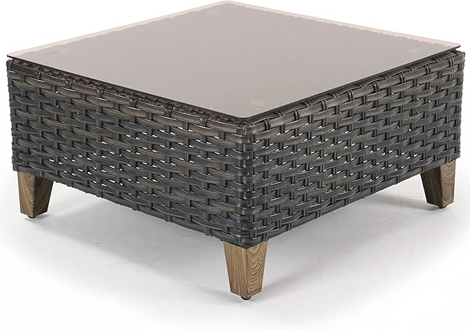 Grand patio Outdoor Coffee Table Wicker Patio Side Table Wicker Patio Table Furniture Conversation Set with Glass Top